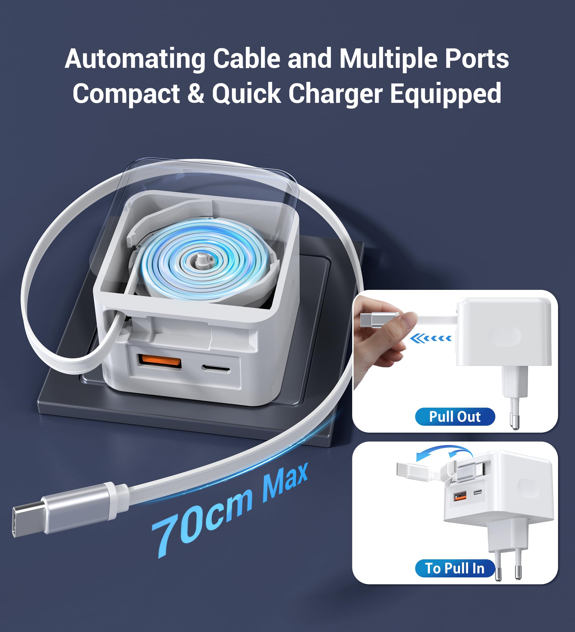 40W USB C Ladegerät mit Einziehbarem Kabel, 3-Port Schnellladegerät PD Netzteil USB C Adapter, Tragbarer Ladestecker für iPhone 17/16/15/14 Pro Max, Galaxy S25/S24/S22, iPad, Switch, Handys usw 3