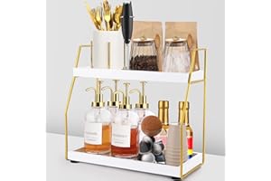 DWTS Coffee Bar Accessories,Coffee Station Organizer with Multi-Functional,CoffeeBar Decor for Accessories,2 Tier Wooden Shelf Gold Metal Station Organizer for Countertop,Syrup