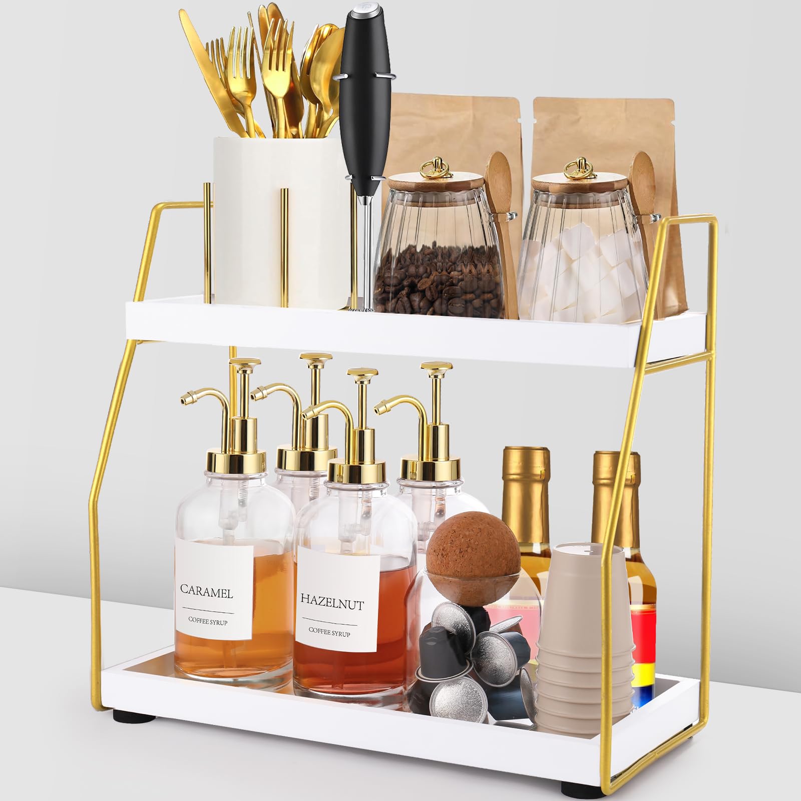 Photo 1 of Coffee Bar Accessories,Coffee Station Organizer with Multi-Functional,CoffeeBar Decor for Accessories,2 Tier Wooden Shelf Gold Metal Station Organizer for Countertop,Syrup