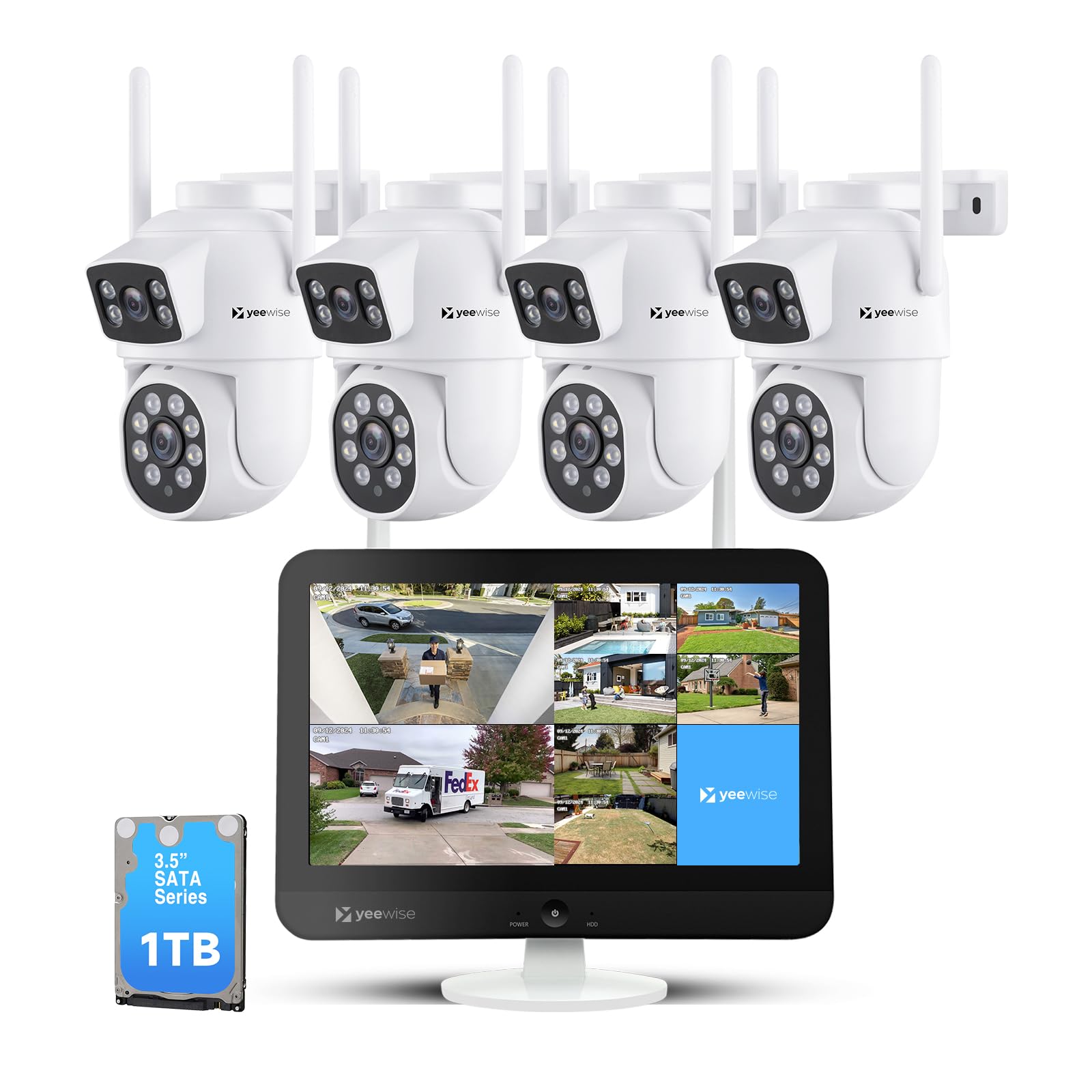 Photo 1 of YEEWISE 2K Wi-Fi 6 Wireless Security Camera System with 12" Monitor, Dual Lens WiFi Security Cameras with 360° Pan Tilt & Auto Tracking, 16CH NVR with 1TB HDD, 5G&2.4G WiFi, 24/7 Record,Plug-in Power
