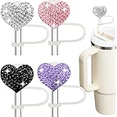 Amreich Bling Heart Straw Covers for Stanley Cup - 4Pack Rhinestone Diamond Valentines Day Straw Toppers, Sparkle Stanley Cup Accessories, Glitter Silver Pink Black Purple Valentines Basket Stuffers