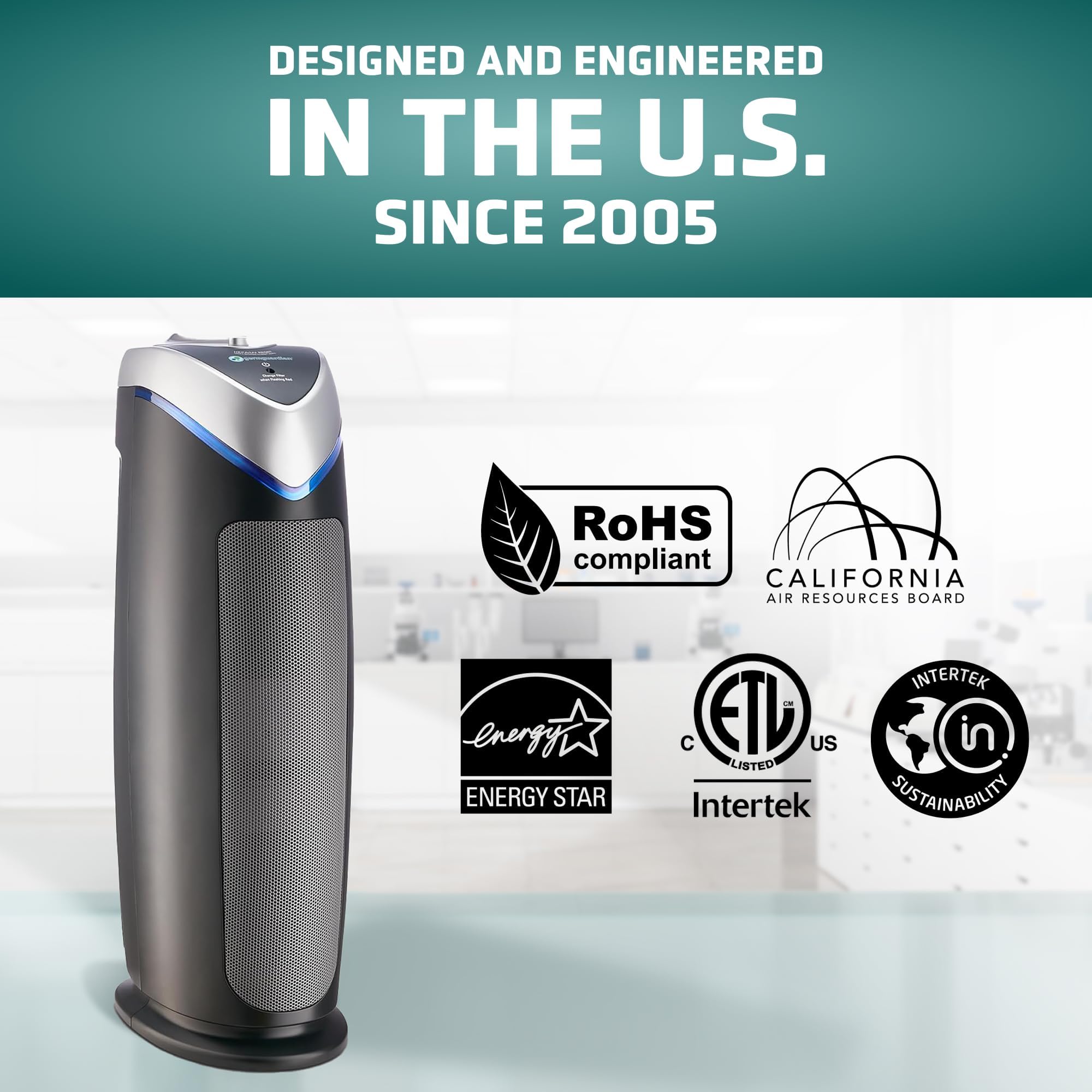 GermGuardian 4-In-1 HEPA Air Purifier for Home, Large Rooms Up To 743 Sq. Ft. with HEPA Air Filter, UV-C Light & Odor Reduction, AC4825E, 22