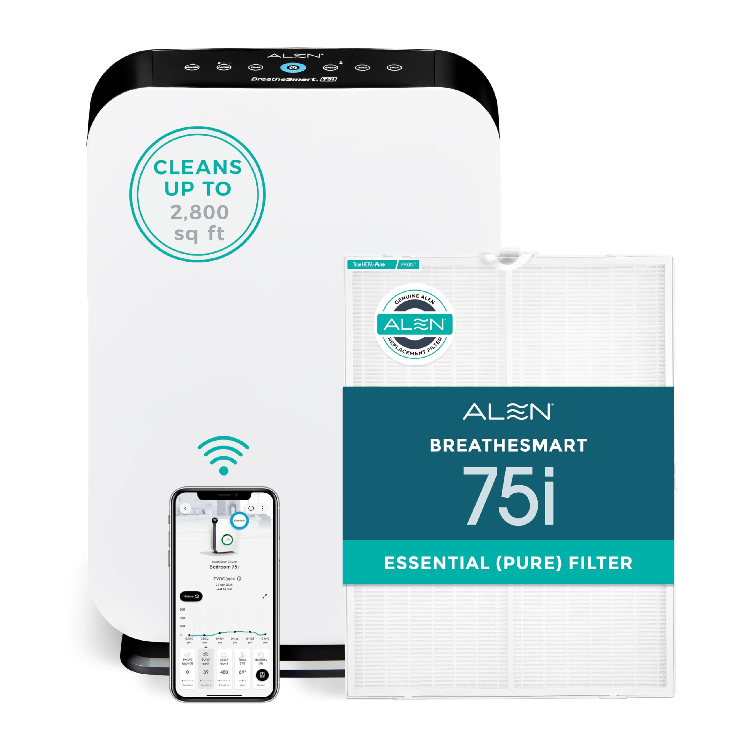 Alen Air Purifer BreatheSmart 75i HEPA w/Pure Filter for Large Rooms up to 2800 Sq. Ft. - Perfect for Living Room & Kitchen - Captures Allergens, Dust, & Mold - White Image