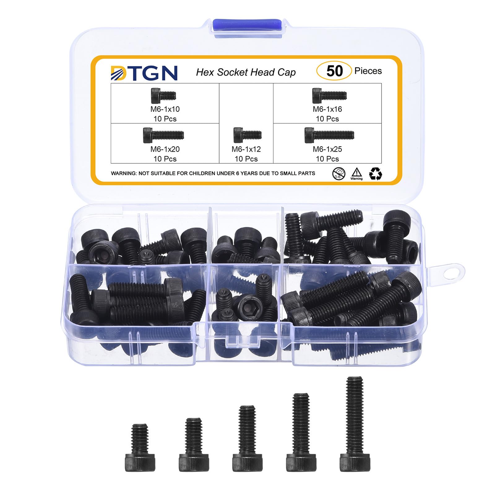 DTGN M6x1x10/12/16/20/25 Hex Socket Head Cap Screws Blots Assortment Kit - 50Pack - Good for Mountain Bike, Auto, Motorcycle - Carbon Steel Machine Screws Bolts - Black