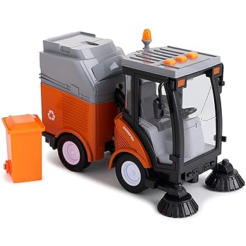 IndusBay Smart City Sanitation Sweeper Cleaning Truck with Light & Sound Effects - Friction Powered Garabage Truck with Removable Trash Can & Rotating Brushes