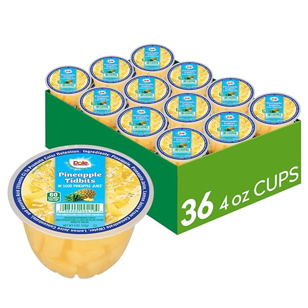 DOLE FRUIT BOWLS PINEAPPLE TIDBITS IN 100% JUICE SNACKS, 4OZ 36 TOTAL CUPS, GLUTEN & DAIRY FREE, BULK LUNCH SNACKS FOR KIDS & ADULTS