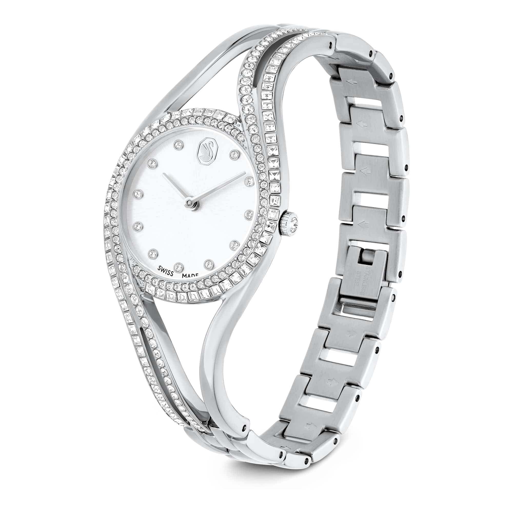 Swarovski Hyperbola Bangle Watch, Swiss-Made & Water-Resistant Stainless Steel Wristwatch, Silver-Tone Finish with Clear Crystals & Metal Bracelet Strap, Part of The Hyperbola Collection