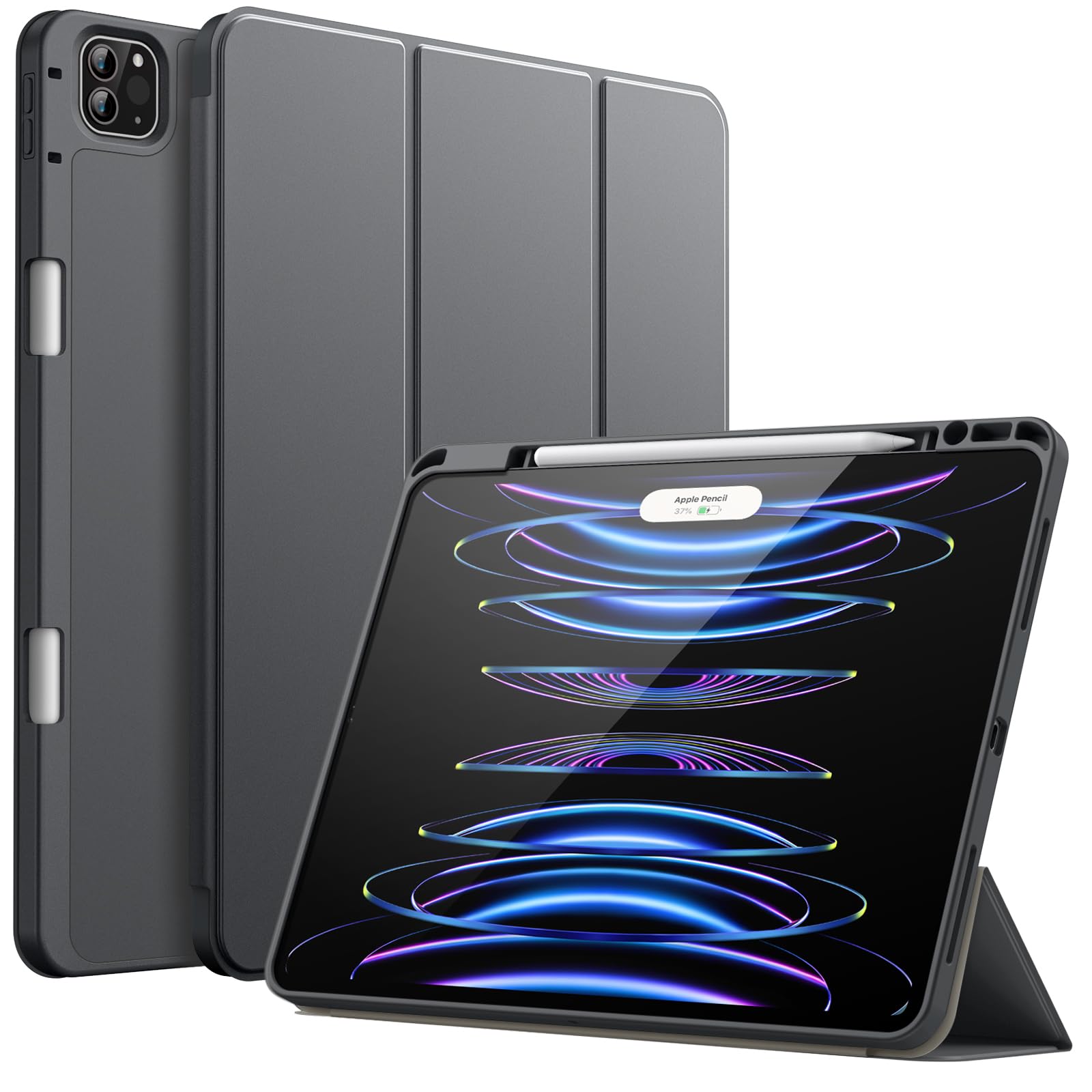 JETech Case for iPad Pro 12.9-Inch (6th/5th Generation, 2022/2021 Model) with Pencil Holder, Support 2nd Pencil Charging, Slim Tablet Cover with Soft TPU Back, Auto Wake/Sleep (Space Gray)