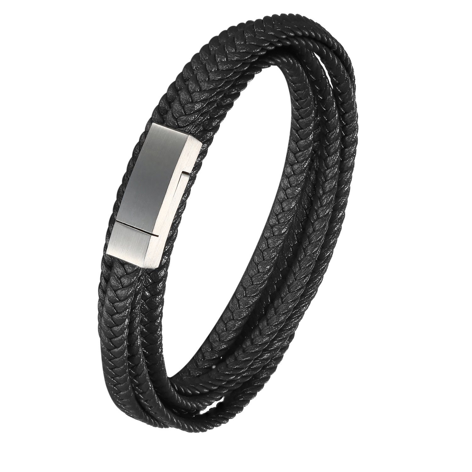 Cupimatch Mens Braided Leather Bracelets, Stainless Steel Braid Bracelet Wrap Bangle Cord Wristband 24.4"