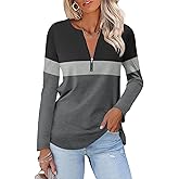 TICTICMISS Women's Long Sleeve Shirts Zipper Color Block V Neck Tunic Tops Casual Blouse