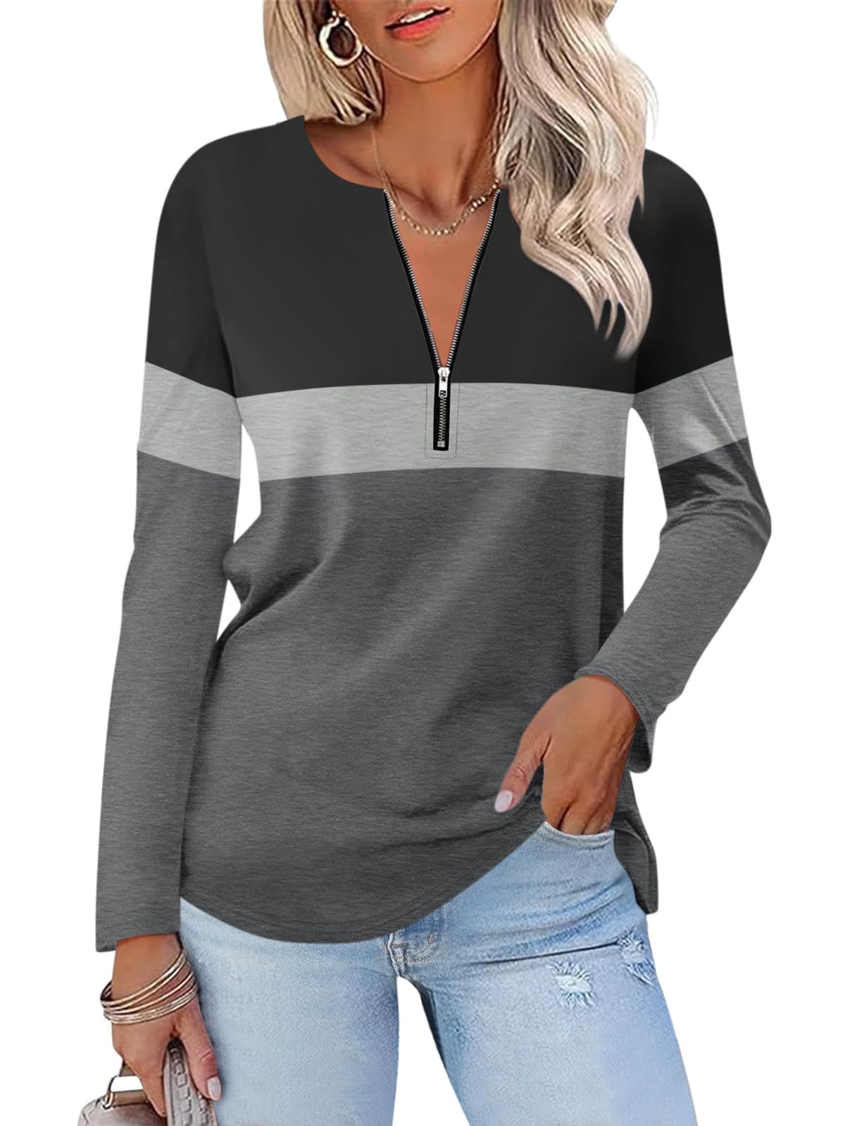 Photo 1 of (USED/FAIR) (BAGGED) (SMALL/MED) TICTICMISS Women's Long Sleeve Shirts Zipper Color Block V Neck Tunic Tops Casual Blouse Black-gray-charcoal