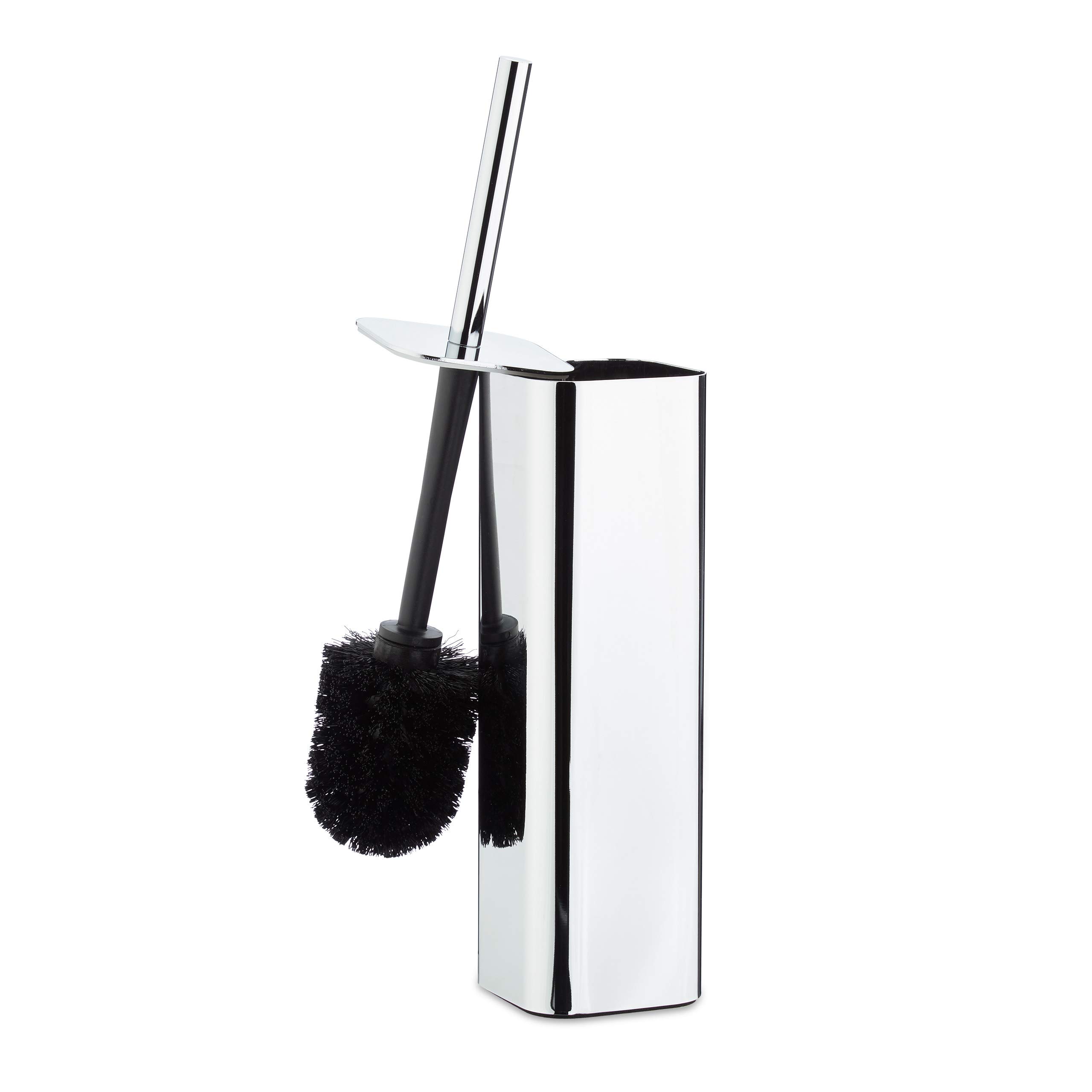 Relaxdays Metal Toilet Brush Holder with Plastic Bristle, Silver, Includes Toilet Brush