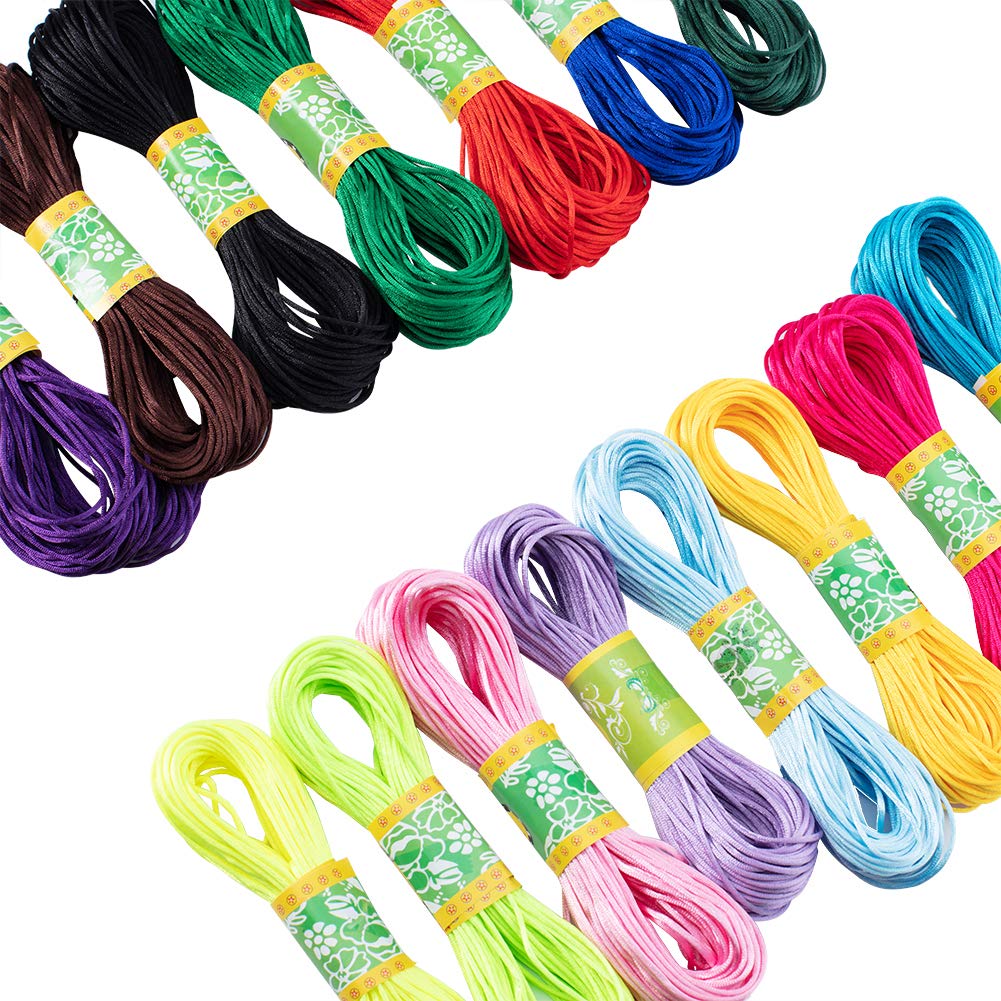 PH PandaHall 328 Yards Nylon Thread 15 Colours Satin Cord 1.5mm Bracelet String Drawstring Cord Rattail Satin Nylon Trim Cords Chinese Knot Kumihimo String Beading Thread for DIY Jewellery Making