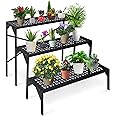 aboxoo 3 Tiers Metal Plant Stand, Ladder Flower Pots Holders, Step Display Rack, Heavy Duty Utility Storage Organizer Rack for Home Garden Patio Balcony, Stair Style Stand