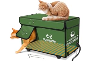 Clawsable Indestructible Heated Cat House for Outdoor Cats in Winter, Extremely Waterproof, Fully Insulated Outside Feral Cat House Shelter for Stray Barn Cat (Bush Green, M-13"x20"x14")