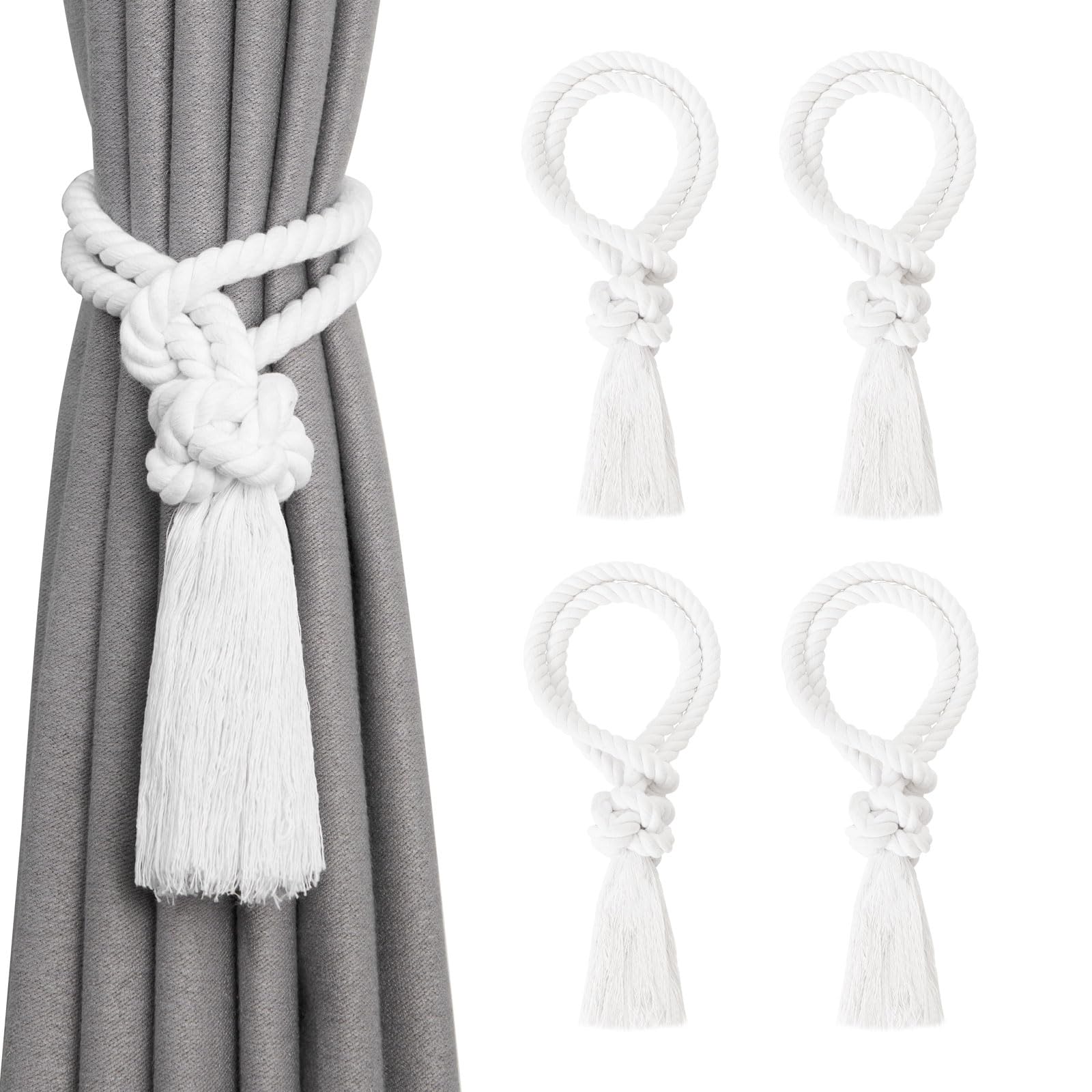 Pretty Jolly 4 Pack Natural Cotton Rope Tassel Curtain Tiebacks Boho Home Decor Drape Tie Backs Hand Woven Ball Curtain Holdbacks for Thin & Thick Home & Office Window Draperies (White)