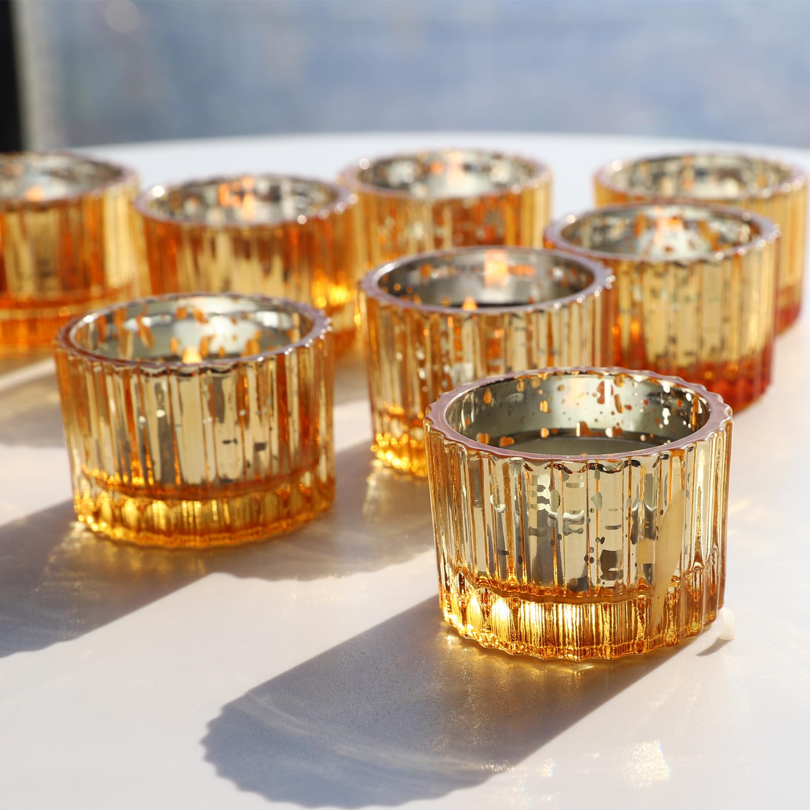 Vohocandle Gold Tea Light Holders set of 12 for Wedding, Tealight Candle Holders for Table Centerpiece, Mercury Glass Candle Holder Gifts for Women (5 x 3.5cm, Gold)