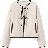 FindThy Women’s Bow Tie Front Cardigan Stylish Crewneck Long Sleeve Fuzzy Faux Fur Teddy Jacket Outerwear