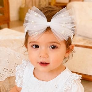 ICKEYOU Baby Girls White Tulle Bow Headband Handmade Pearl Bow Hairband Soft Stretchy Elastic Headband for Newborn Infant Tod