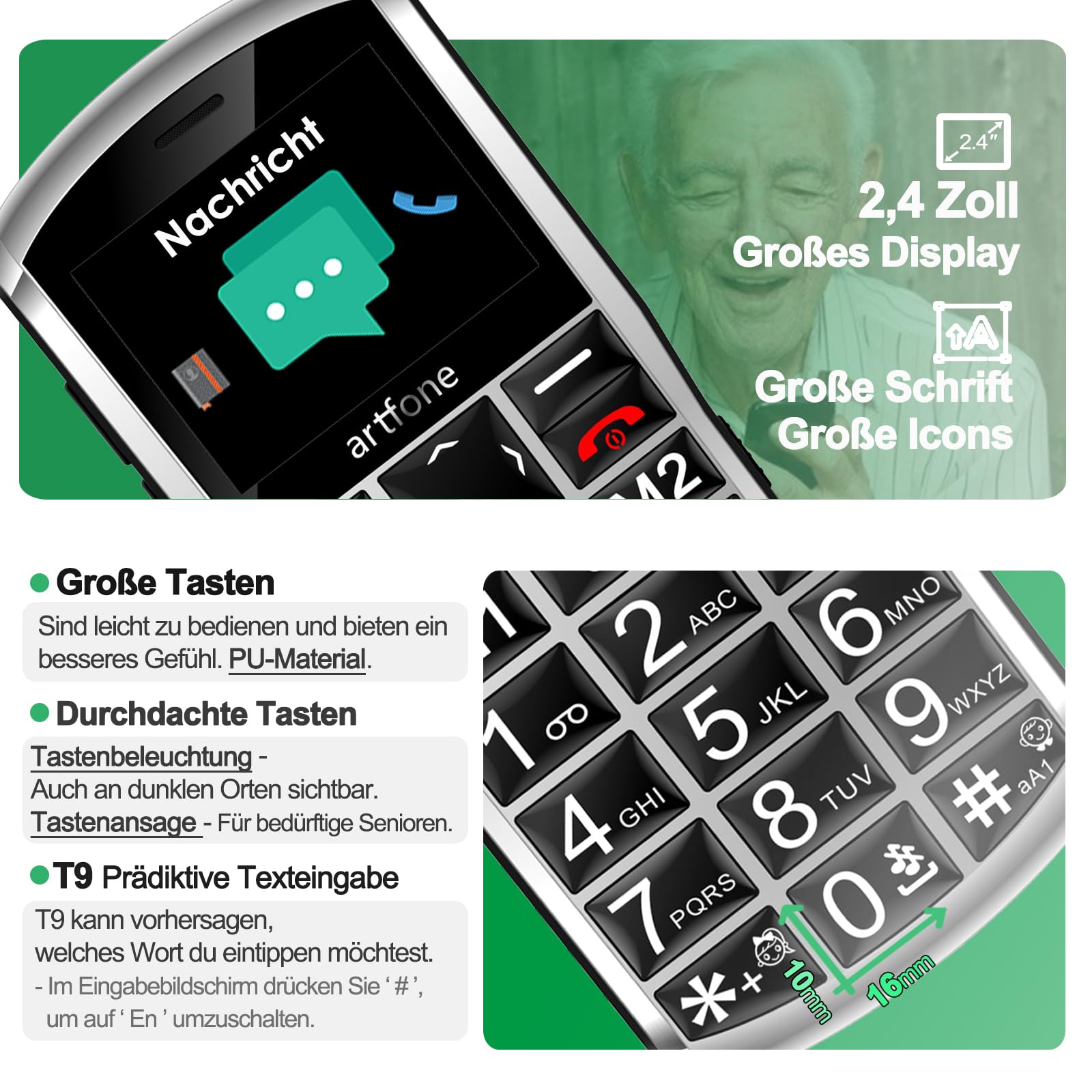 artfone A400 4G Volte Seniorenhandy ohne Vertrag | Großtasten Handy mit Notruftaste&1800mAh Akku,Dual-SIM Tastenhandy mit Tischladestation | Einfaches Mobiltelefon für Senioren, 2,4" Display | Silber 2
