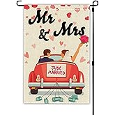 Mr & Mrs Garden Flag Just Married Engagement, Bride to Be Yard Sign Vertical Double Sided Lawn Engaged Bachelor Party Decoration Supplies, 12 x 18 Inch