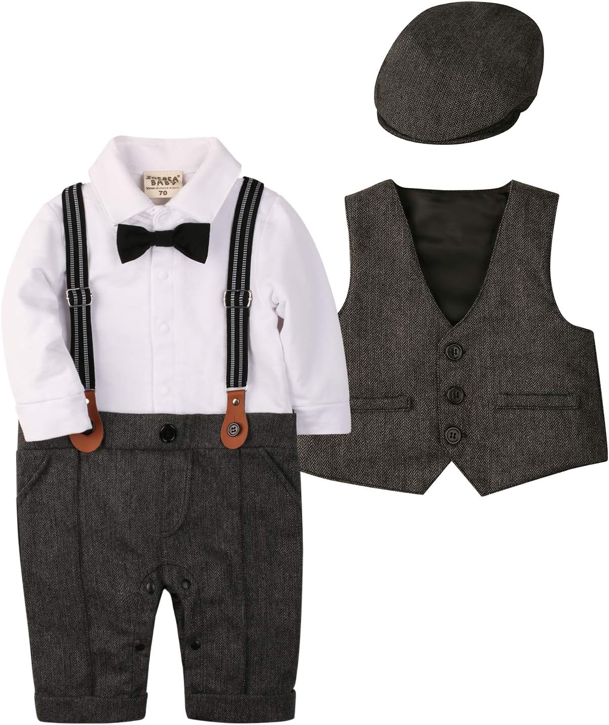 Baby Boy Suit Outfits Set,3pcs Long Sleeves Gentleman Romper Jumpsuit & Vest Coat & Berets Hat with Bow Tie (Grey, Label 90/Age 12-20 Months)