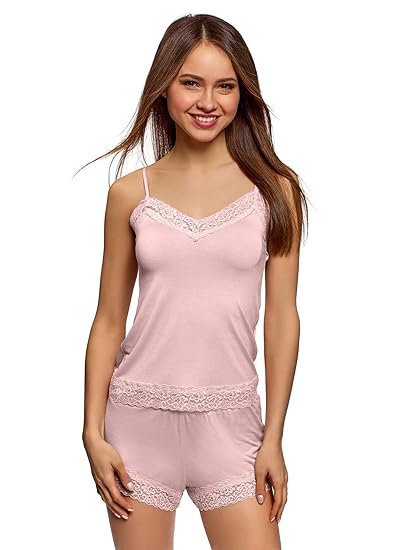oodji Ultra Damen Schlafanzug mit Pyjama-Shorts und Spitzenbesatz
