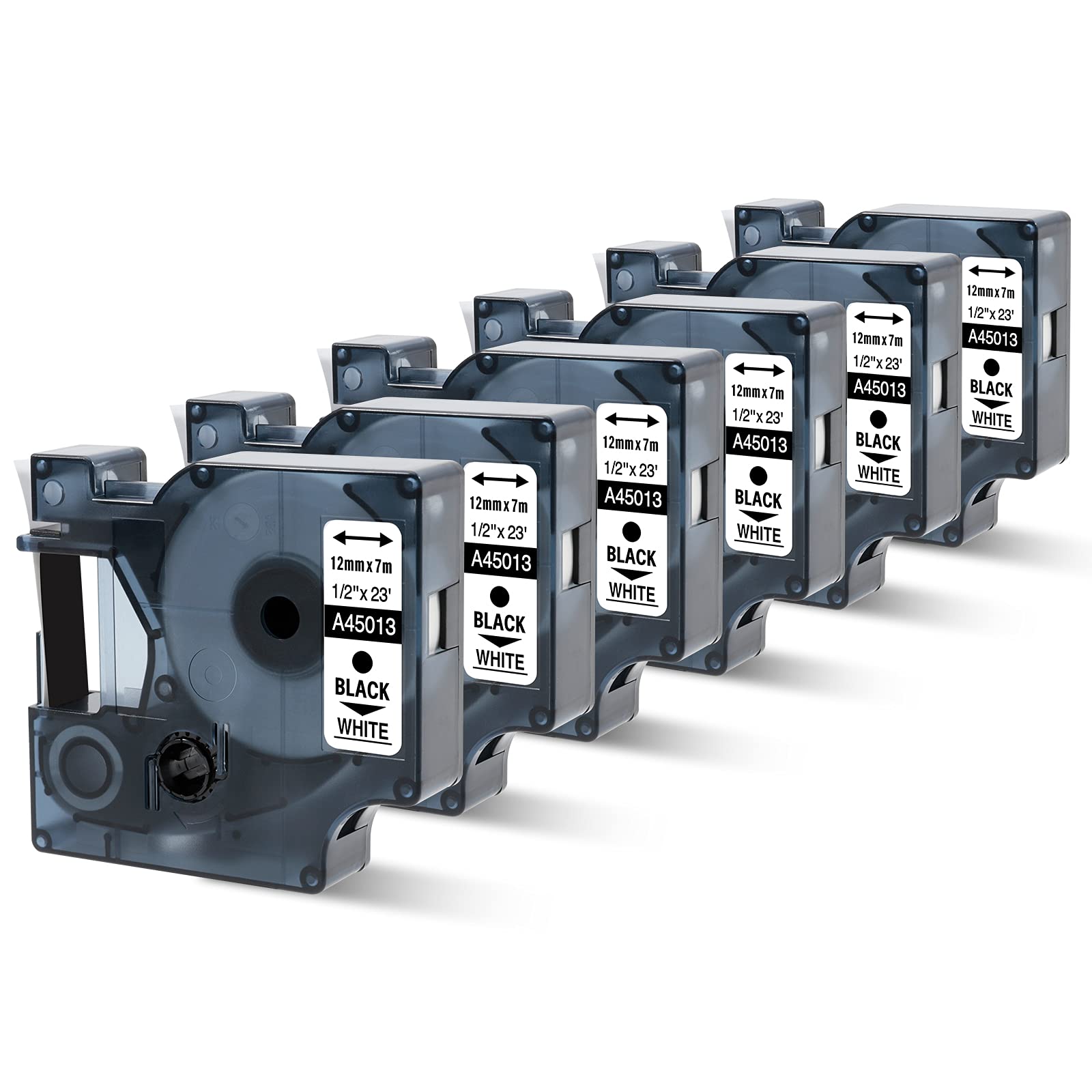 Oozmas 6-Pack A45013 Compatible with Dymo D1 Label Tape 12mm x 7m 45013 Black on White, Compatible with Dymo LabelManager 160 210D 360D 420P 450D 500TS — image 1