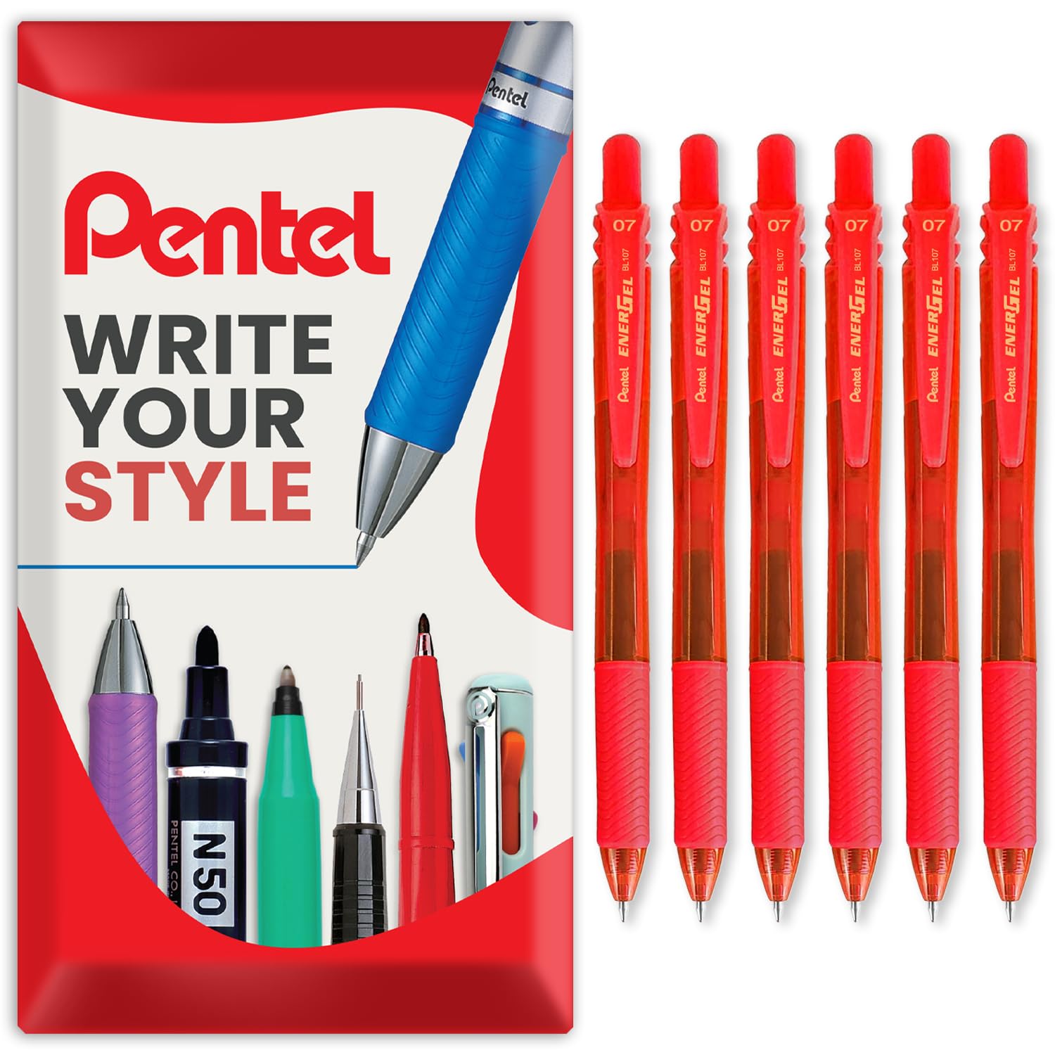Pentel Energel X BL107 Retractable Gel Rollerball Pens - 0.7mm Nib - Pack of 6 in Envelope Gift Packaging (Red) — image 1