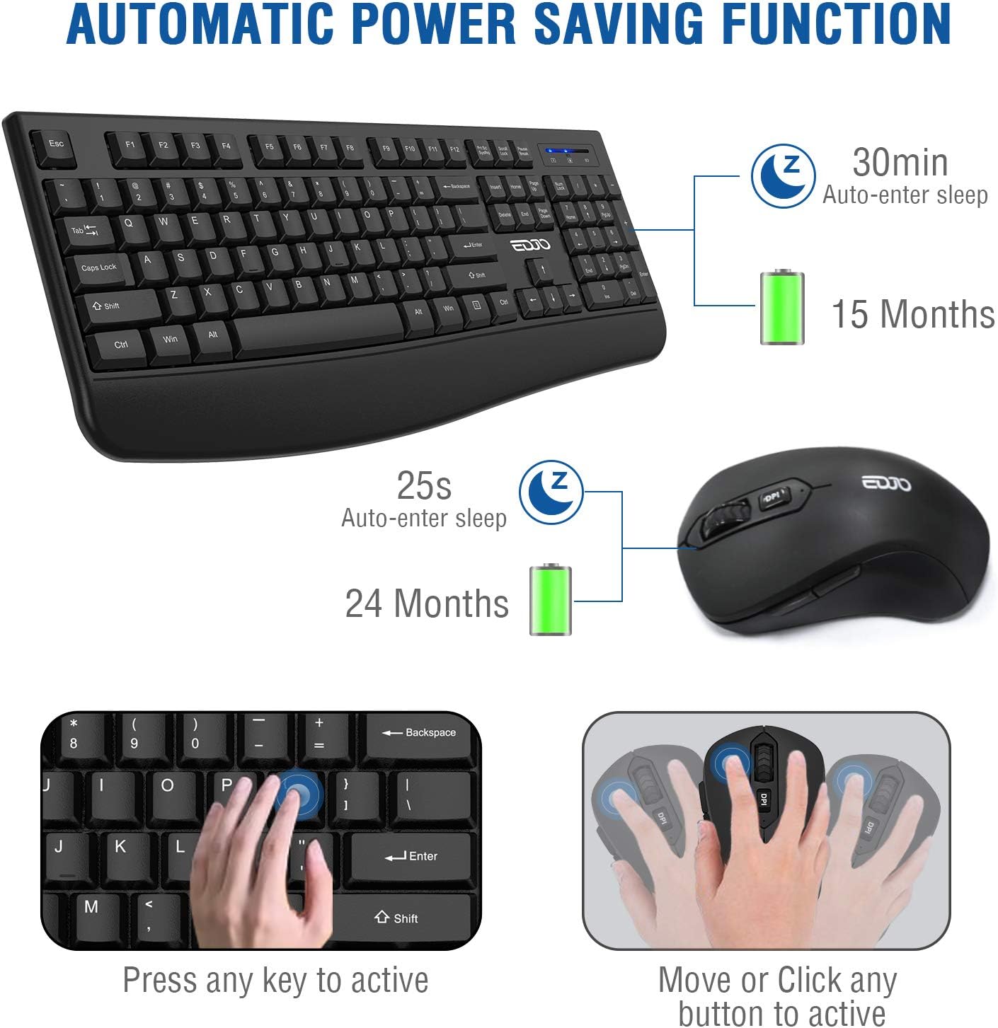 Wireless Keyboard and Mouse Combo, EDJO 2.4G Full-Sized Ergonomic Computer Keyboard with Wrist Rest and 3 Level DPI Adjustable Wireless Mouse for Windows, Mac OS Desktop/Laptop/PC: Computers & Accessories