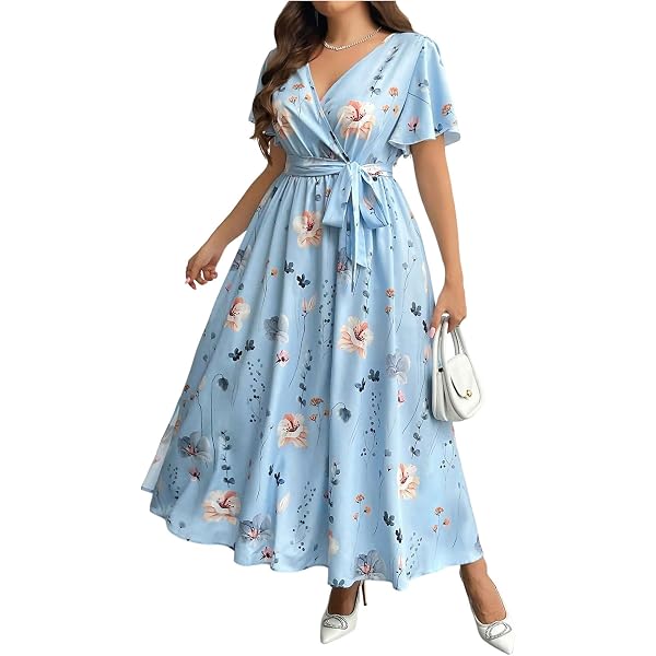 Vestido Acampanado Para Mujer Talla Grande - Mangas Con Volantes, Lazo Frontal, Estampado Tropical | Floerns Moda Verano
