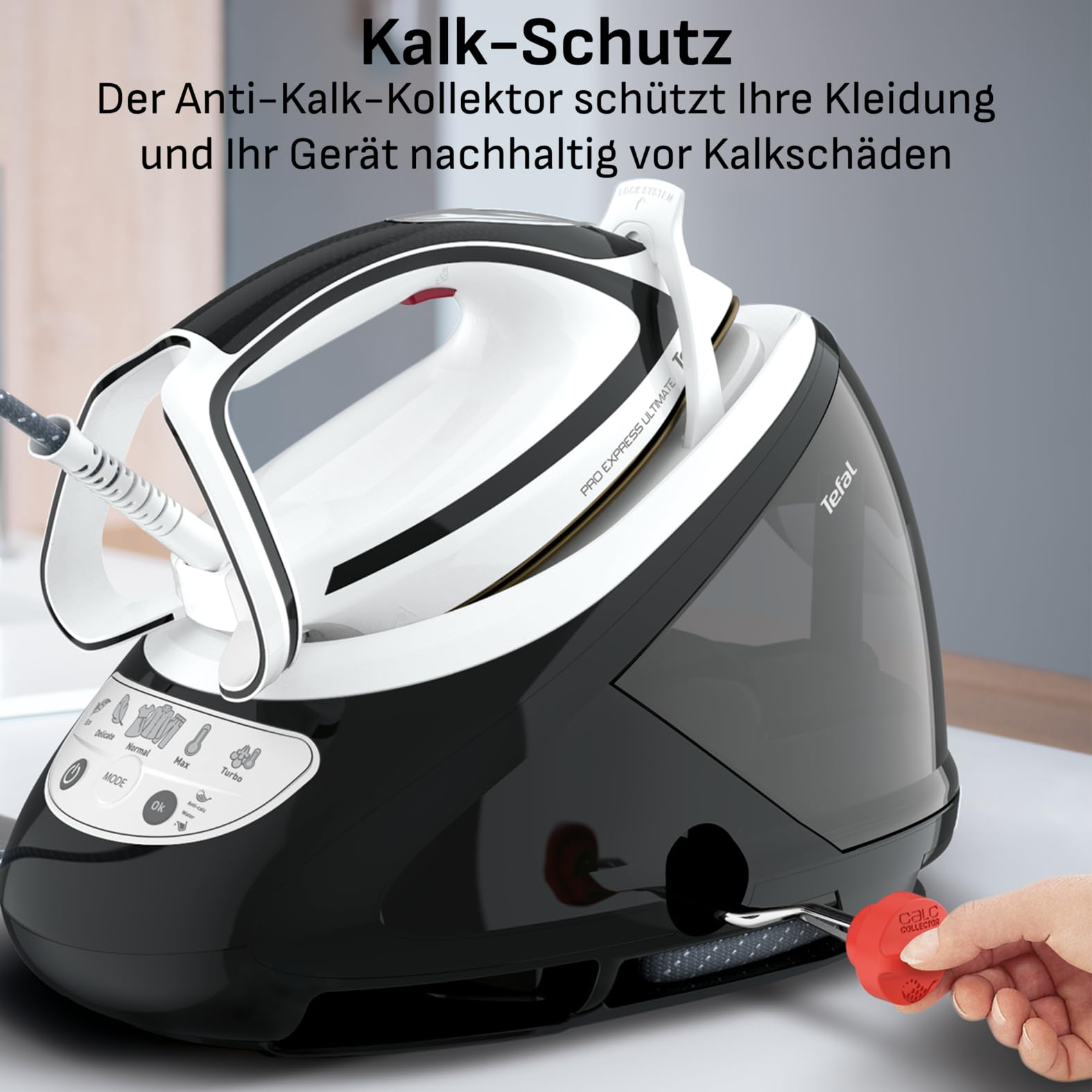 Tefal Pro Express Ultimate Dampfbügelstation, starker 8-Bar-Druck, Dampfstoß: 520 g/Min., 1,9 L Wassertank, Antikalk-Kollektor, Anti-Tropf-System, Bügeleisen Dampfstation, schwarz/weiß, GV9550 3