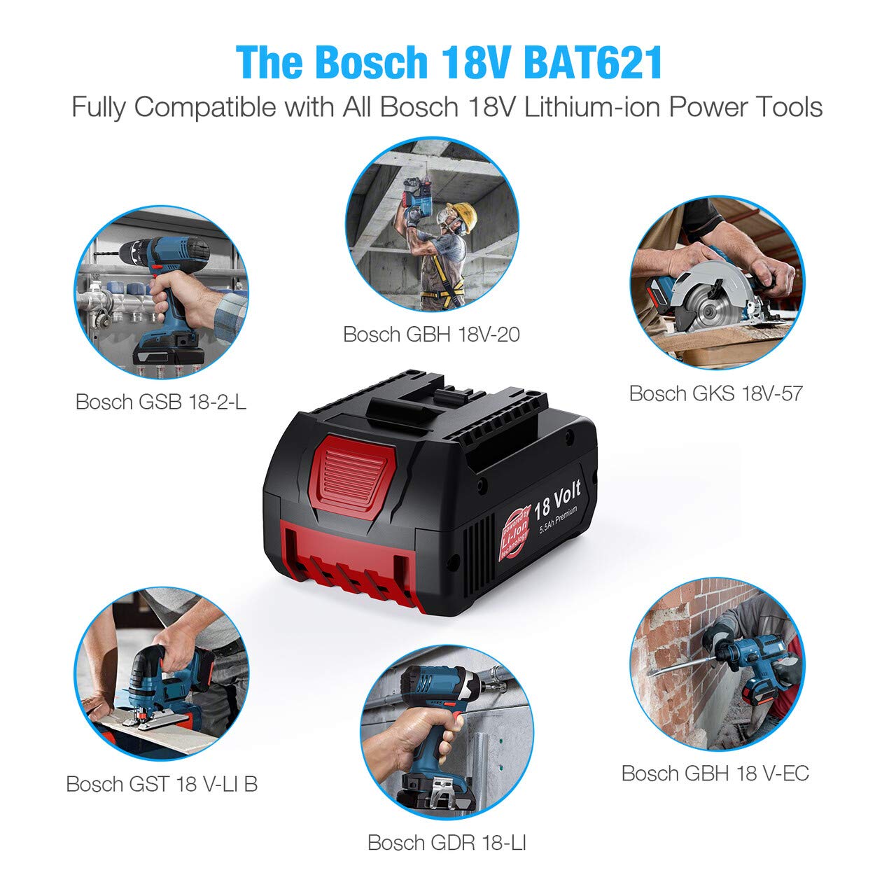 Powerextra 2 X Bosch BAT609 18V 5.5Ah Lithium-ion Battery Pack Work with Bosch BAT609 BAT610G BAT618G BAT619 BAT621 BAT620 Cordless Power Tools with LED Charge Indicator