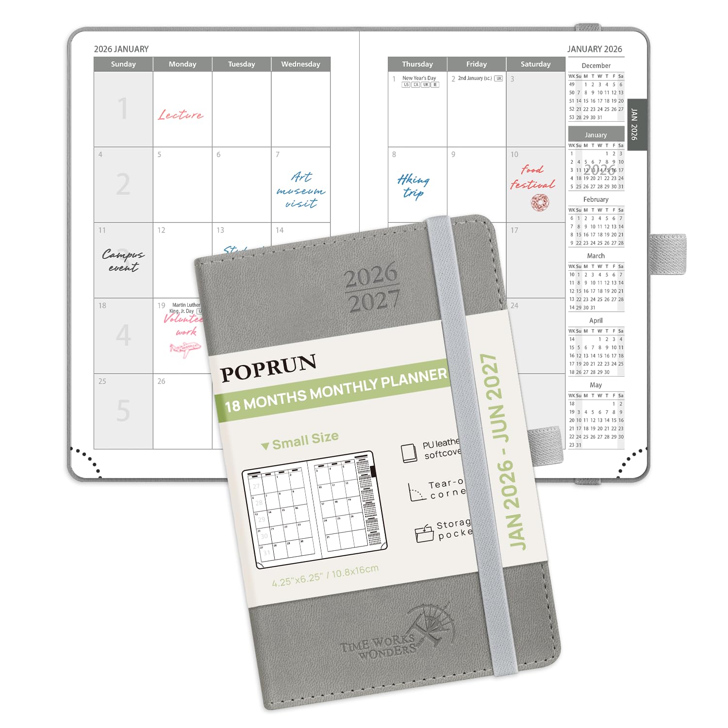 Photo 1 of POPRUN Pocket Monthly Planner 2026-2027 (Pocket- 4''x 6.25'' Soft Leather Cover) - 18 Month Calendar Book for Purse (Jan.2026 - Jun. 2027), 100 GSM Thick Paper - Grey