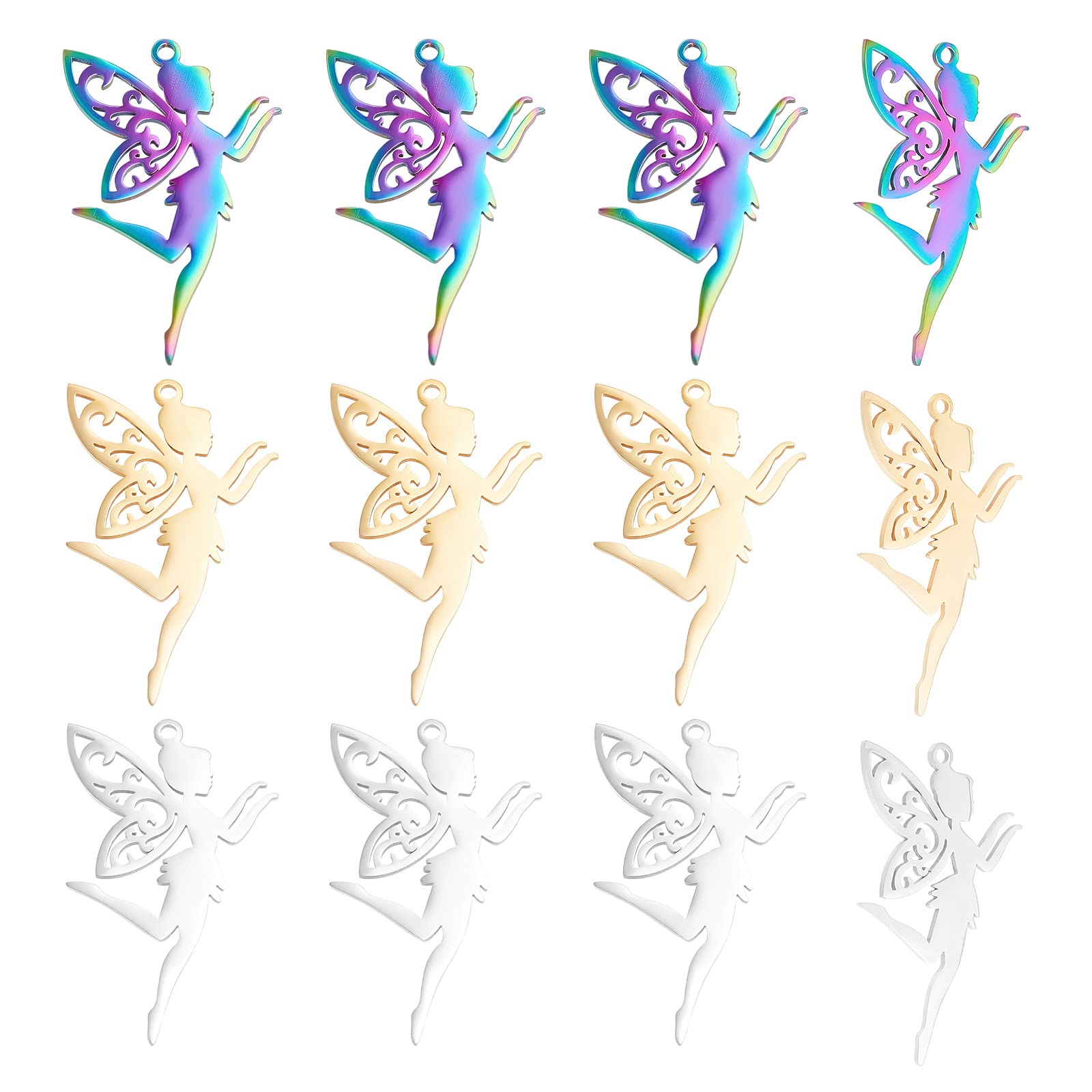 DICOSMETIC 12Pcs 3 Colors Stainless Steel Fairy Pendants Golden Colorful Fairy Angel Charms Pendant with 1.8mm Hole for Earrings Bracelets Necklace DIY Craft Jewelry Making