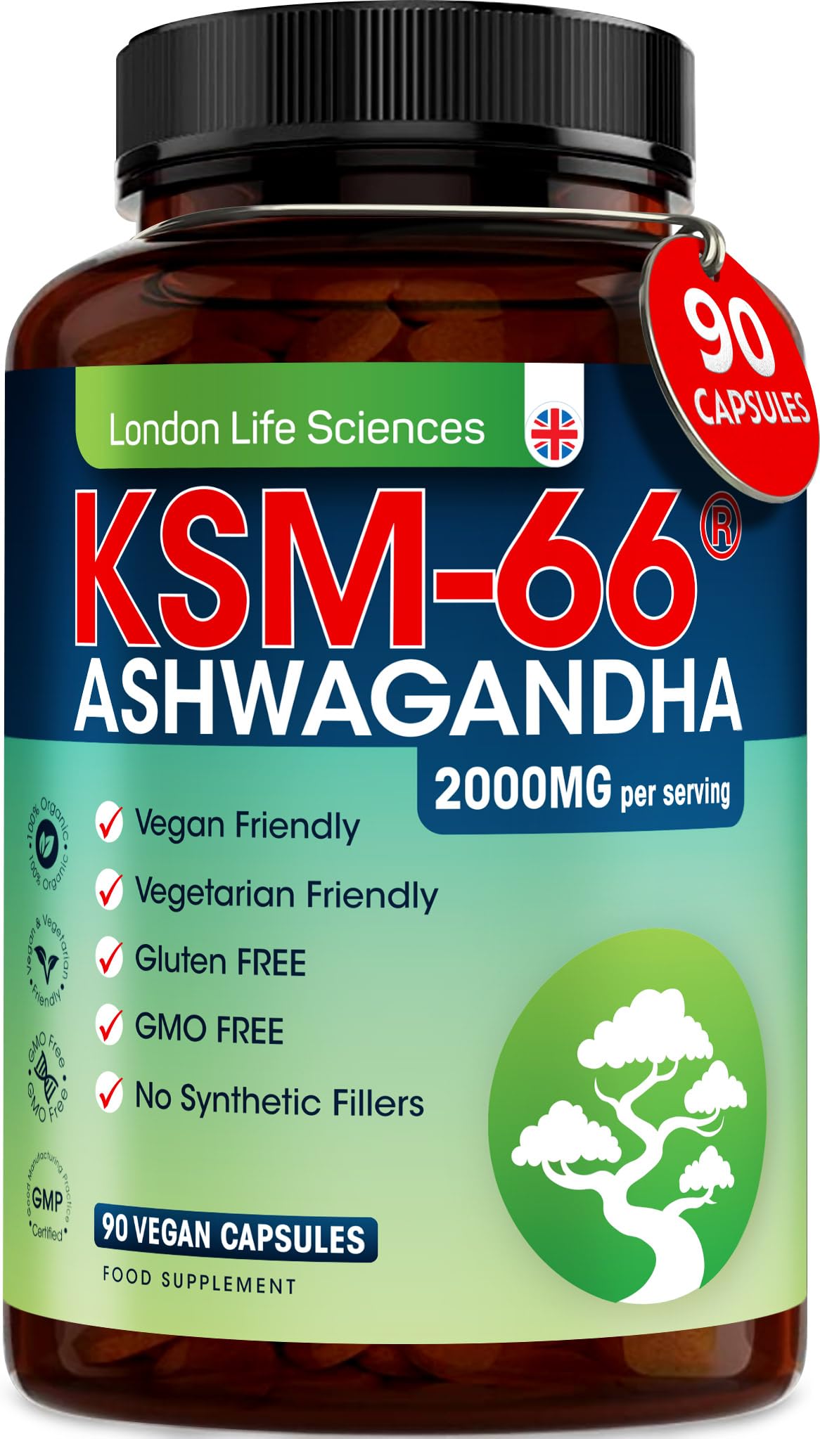London Life Sciences Organic Vegan Ashwagandha KSM-66 90 Capsules - (Highest Concentration) 2000mg Servings & 5% Withanolides - Best Bioavailabili