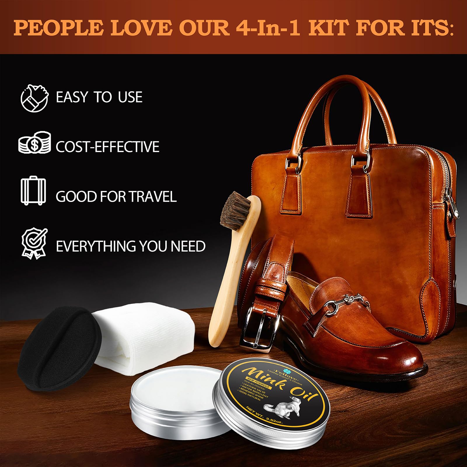 Feilove 4-in-1 Mink Oil Leather Conditioner and Cleaner 3.52 oz - Premium Waterproof Formula for Boots and Shoes