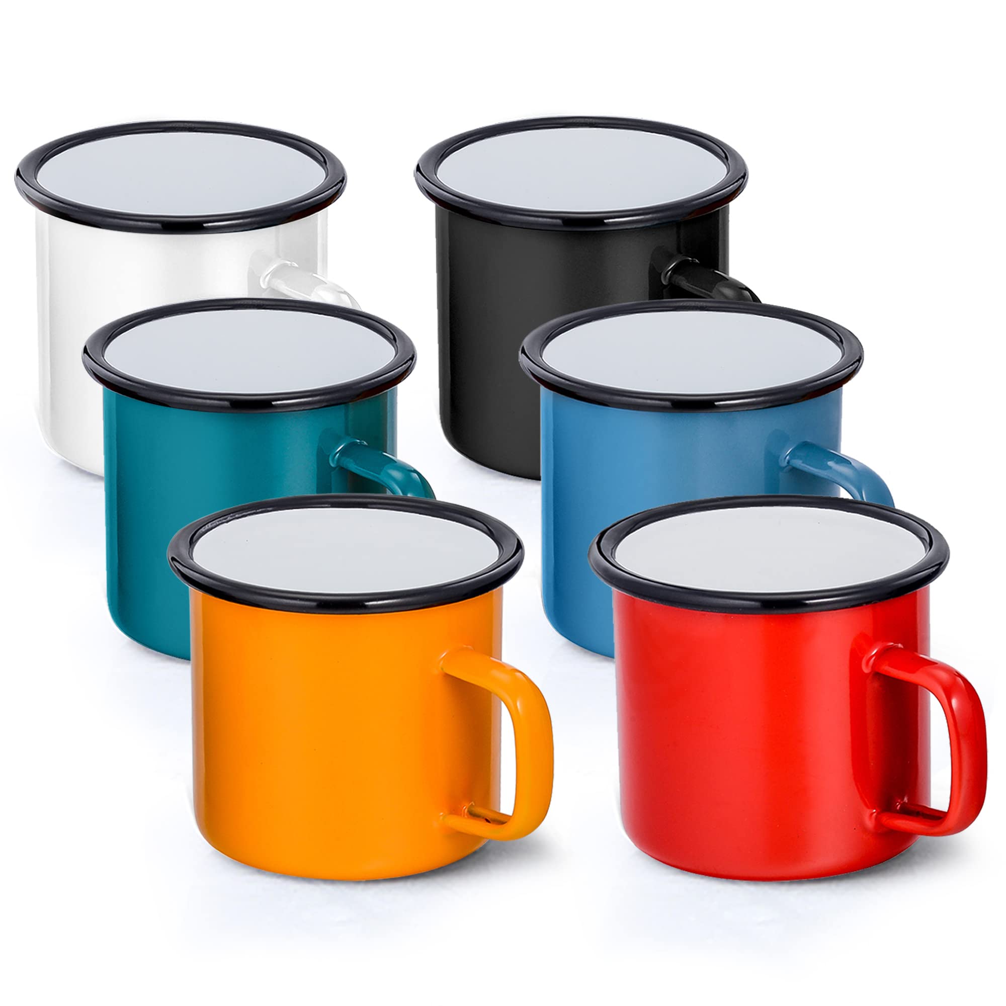Joyfair Enamel Coffee Mug Set of 6, 12oz Enamel Camping Tea Mugs in Colour Red/Blue/Green/Yellow/Black/White, Lightweight Retro Cups for Travel Home Office Party, Vintage & Portable (350ml)