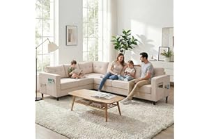 ADOWORE 108'' L-Shaped Sofa, Ice Velvet 6-Seater Sectional Couch with Side Pockets, Modern Storage Sofa for Living Room, Beig