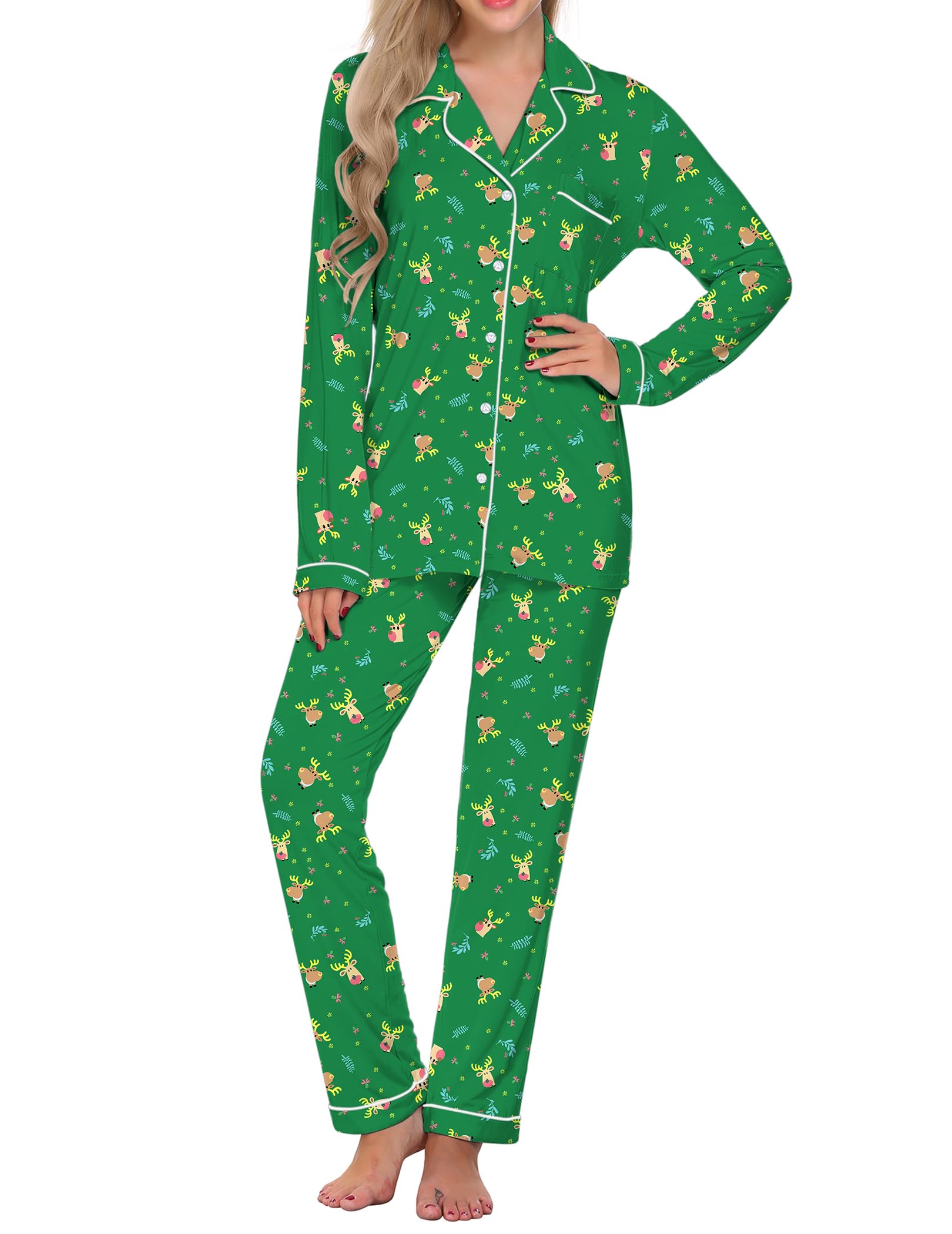 Ekouaer Pjs Women's Christmas Sleepwear Long Sleeve Pajama Set with Notch Collar Nightwear 2 Piece Set,Christmas Green,X-Large Image