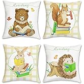 Bonhause Animals Reading Throw Pillow Covers 18 x 18 Inch Rabbit Bear Squirrel Hedgehog Butterfly Pillows Soft Velvet Cushion Covers for Baby Room Kids Bedroom Decor Set of 4