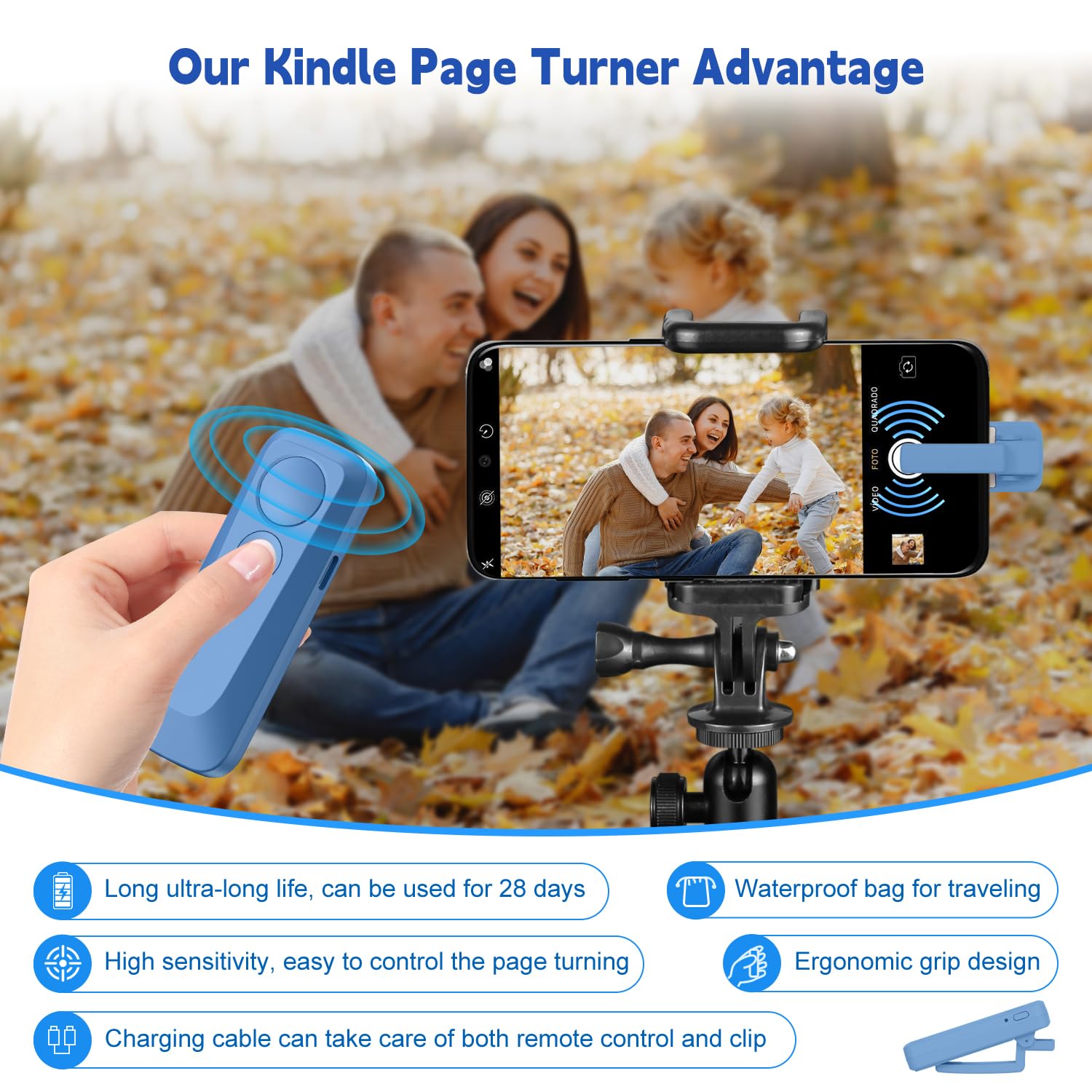 Exdeploy RF Kindle Remote Page Turner,Page Turner for Kindle Paperwhite Oasis,iPhone, iPad,Android Ebook Page Turn,Camera Video Record Remote (Blue)