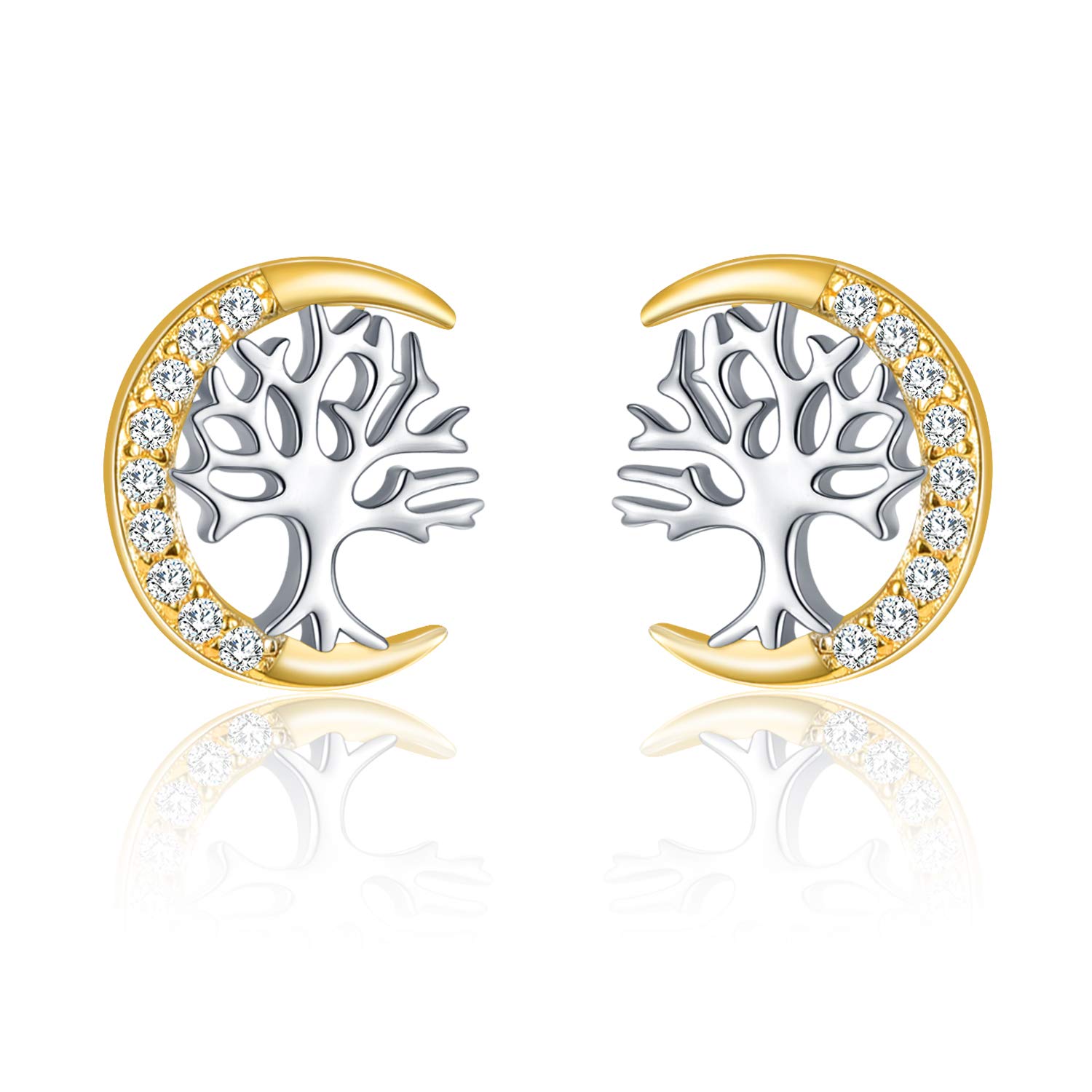 TANGPOET Tree of Life Earrings for Women 925 Sterling Silver Family Tree Stud Earring for Girls, Birthday Jewellery Gifts for Her, Gold