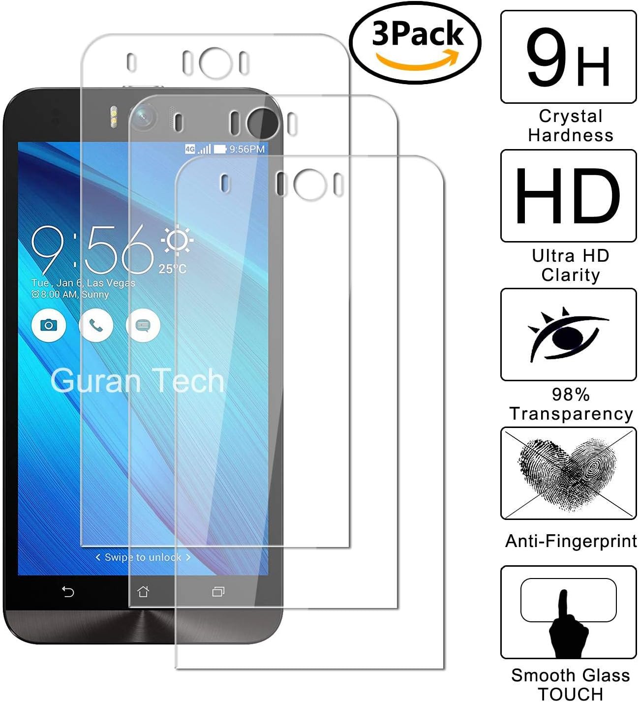 Guran® [3 Pack Tempered Glass Screen Protector Film for Asus Zenfone Selfie ZD551KL Smartphone Clear Anti-Scratch Shatter Proof (9H Hardness, 2.5D Edge, 0.26mm Thickness)