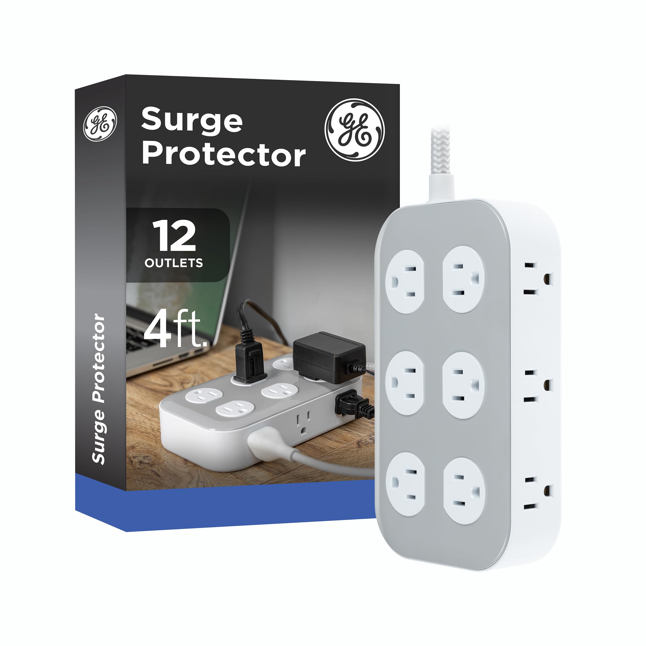 GE UltraPro 12-Outlet Surge Protector, 2100 Joules, 4ft Braided Extension Cord, Flat Plug, Power Strip with Wide-Spaced Outlets, Gray/White – 84670 Image