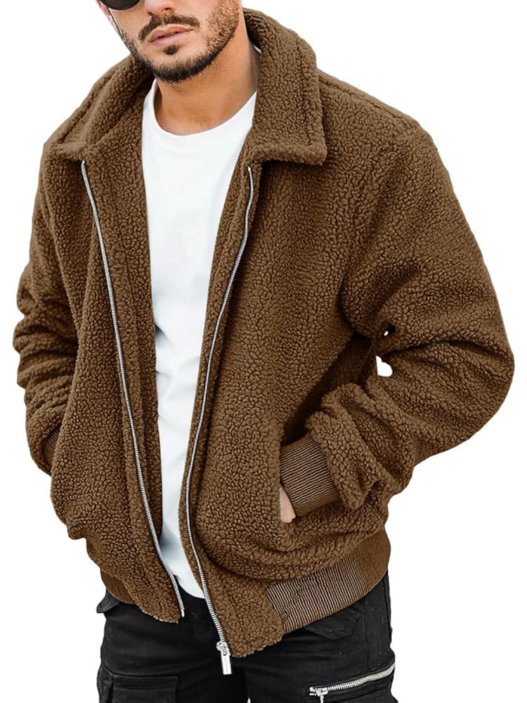 Mens Fuzzy Sherpa Jacket Fluffy Fleece Long Sleeve Full Zip Open Front