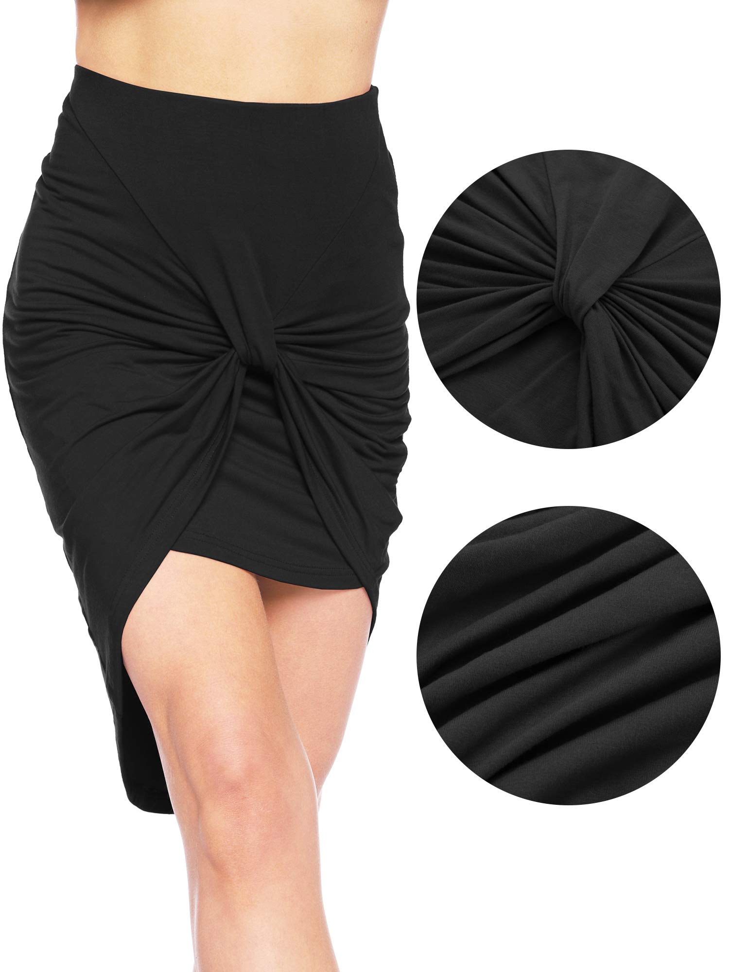 Women Drape Wrap Bodycon High Low Midi Pencil Skirt with Jersey Knit Asymmetrical Hem (Black, S)