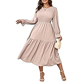 SHESTARR Women's Plus Size Dress Long Sleeve Crewneck Smocked Tiered Flowy Boho Wedding Party Maxi Dresses