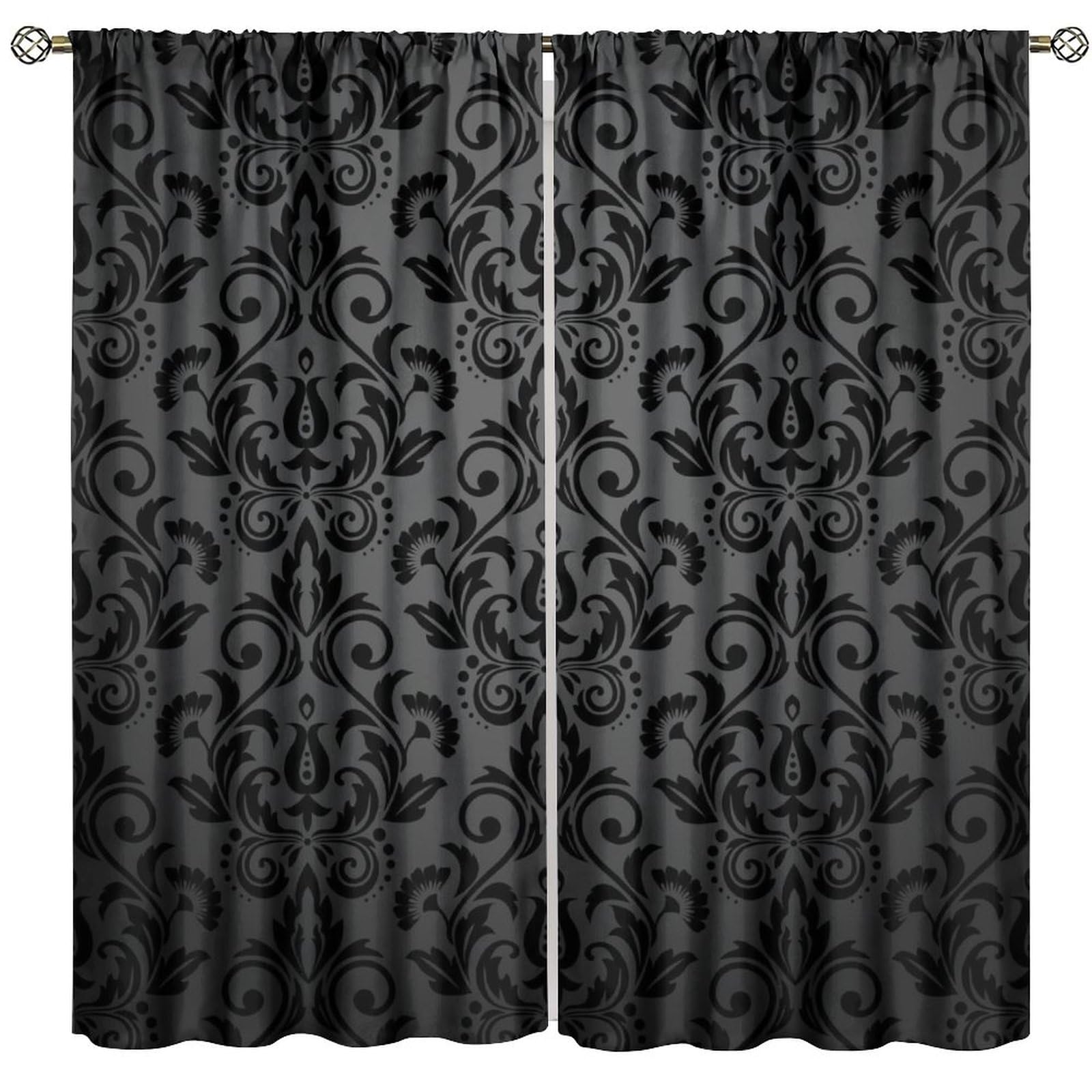Photo 1 of JanJCurt Black Damask Curtains, Antique Victorian Style Gothic Vintage Black Floral Window Drapes Bohemian Exotic Rod Pocket Window Treatments for Bedroom Living Room 42x63in (No Blackout)