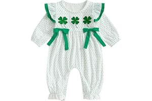 MOLZULAMS My First St Patricks Day Baby Girl Outfit Ruffle Long Sleeve Lucky Romper Four-Leaf Clover Jumpsuit Spring Clothes